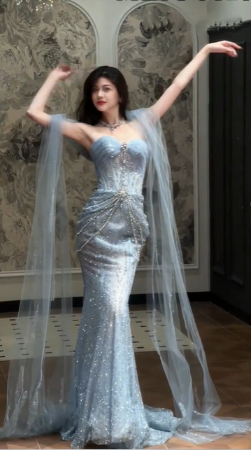 Glitter Sky Blue Strapless Tulle Sequin Beaded Mermaid Evening Dress Long Birthday Prom Dress Party Dress D1880