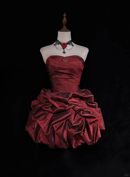 Vintage Burgundy Strapless Satin Pleated A Line Short Birthday Dress Homecoming Dress D3358