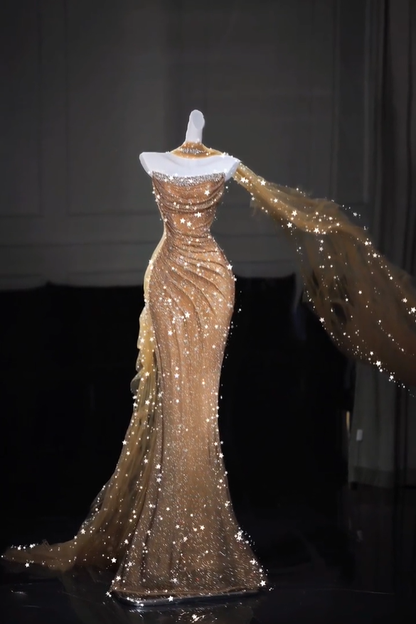 Charming Strapless Gold Tulle Sequin Beaded Mermaid Long Evening Dress Prom Dresses D5211