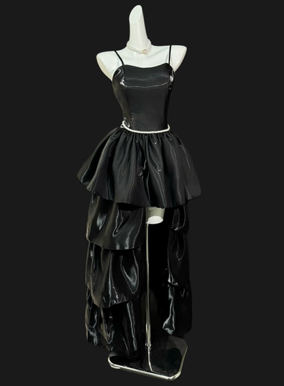 Elegant Spaghetti Straps Black Satin Layered Birthday Dress Prom Dress D4151