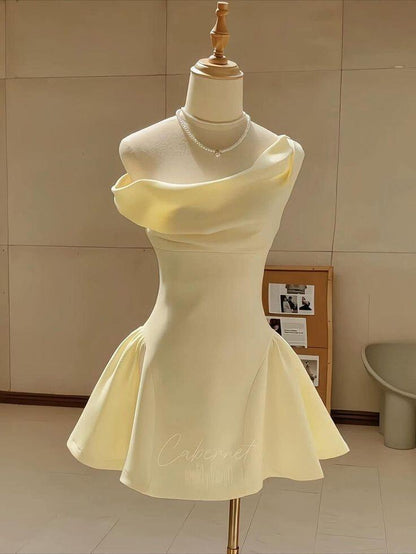 Cute Yellow Off The Shoulder Satin A Line Short Homecoming Dress Birthday Outfits D4124