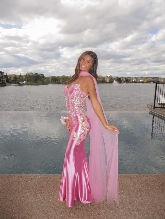 Gorgeous Pink Satin Mermaid Long Party Dress Spaghetti Straps Long Wedding Guest Dress D4414