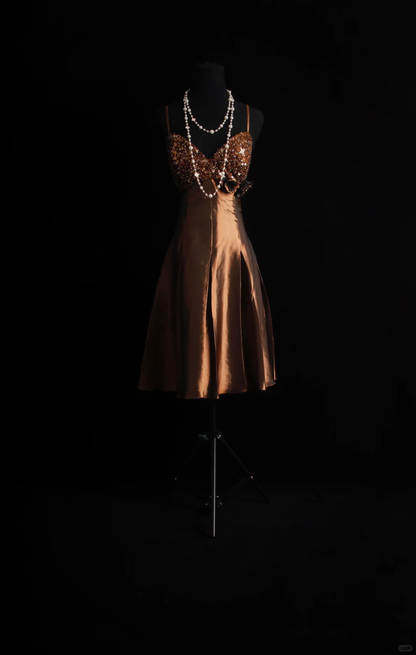 Classy Spaghetti Straps Satin Sequin A Line Mini Cocktail Dress,Brown V Neck Short Homecoming Dress D3299