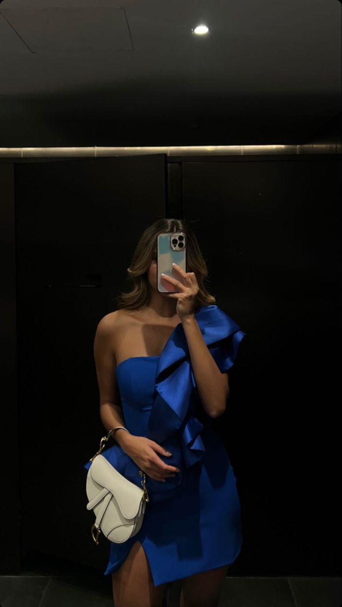 Classy One Shoulder Satin Ruffles Bodycon Slit Cocktail Dress, Blue Short Graduation Homecoming Dress D3227