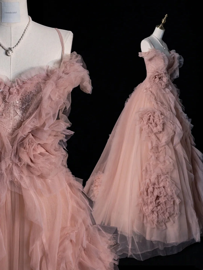 Pretty Spaghetti Strap Pink Tulle Pleated Beaded Long Evening Dress Birthday Party Dress D4833