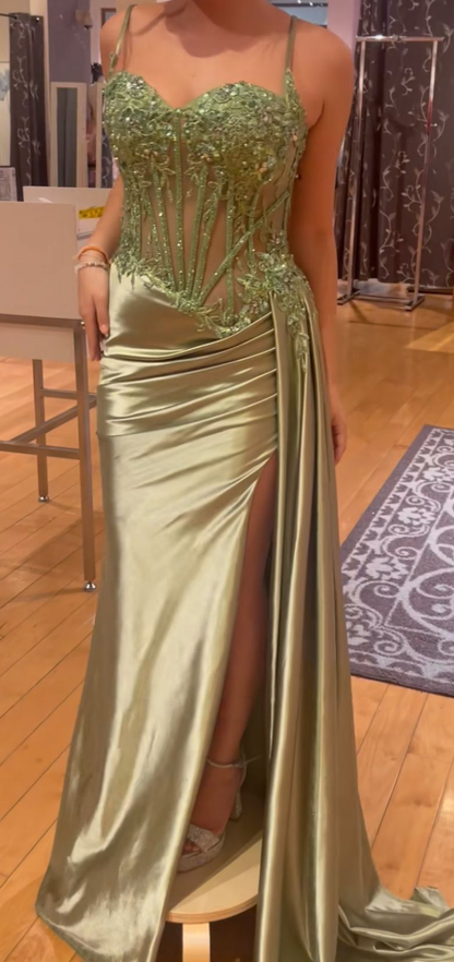 Charming Satin Beaded Appliques Mermaid Party Dress Sage Green Slit Long Prom Gown D5002