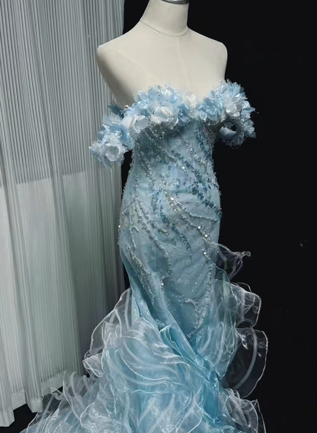 Glamorous Light Blue Mermaid Long Evening Dress Off The Shoulder Tulle Sequin Applique Party Dress D5168
