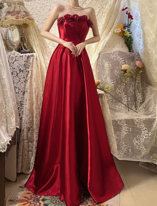 Fashion Red Strapless Satin A Line Long Wedding Guest dress Formal Evening Gown With 3D Flowers D2142
