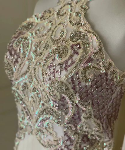 Classy Sleeveless White Sequin Beaded Satin Chiffon Mermaid Long Prom Dress Evening Dress D3104