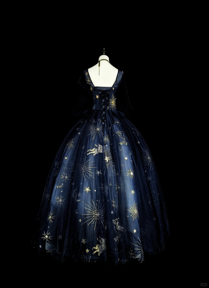 Elegant Navy Blue Tulle Star Moon Sequin Long Evening Dress Party Dress D5380