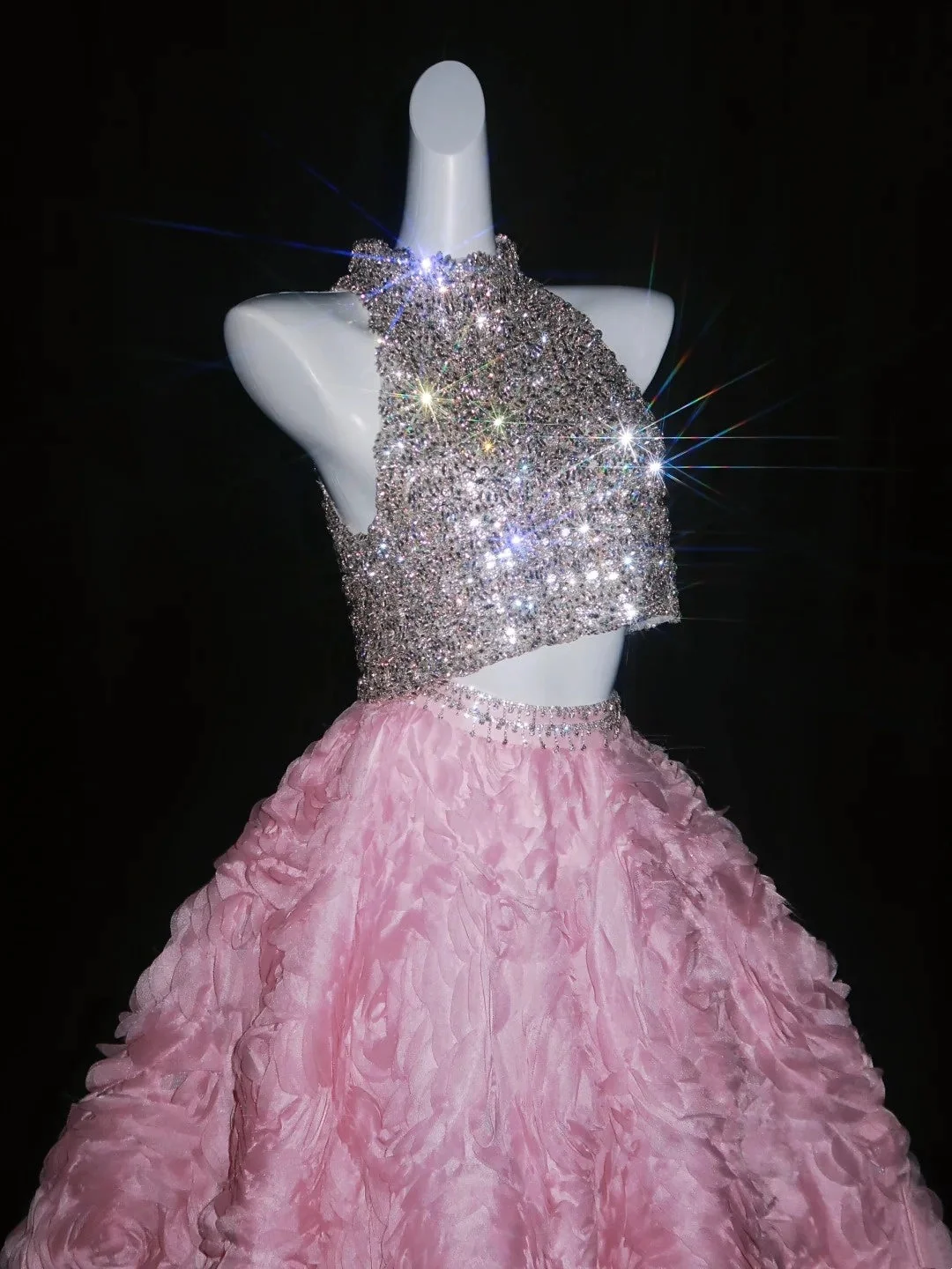 Princess Ball Gown 2 Pieces Silver Sequin Pink Floral Long Evening Dress Formal 20th Birthday Gowns Prom Dresses D4550