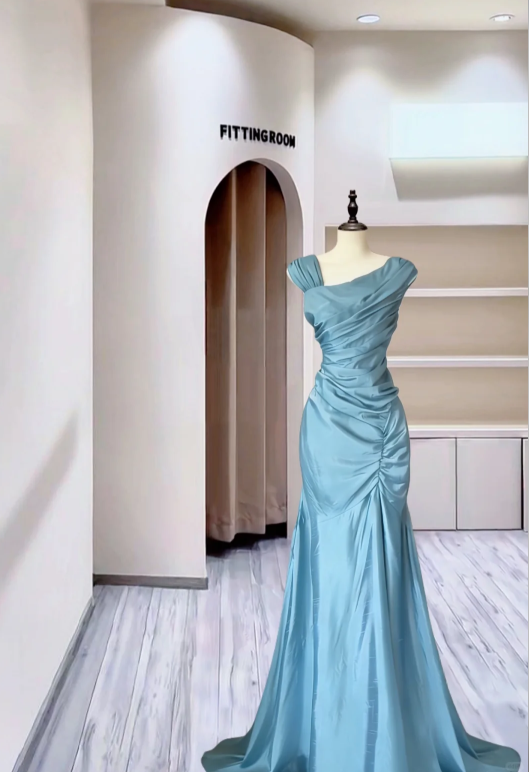 Classy Navy Blue Satin Pleated Mermaid Evening Dress Long Wedding Guest Dress D2388