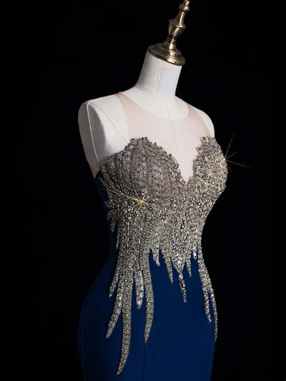 Elegant Blue Satin Beaded Mermaid Long Evening Dress Birthday Prom Dresses D4523