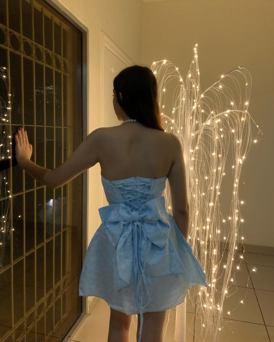 Cute Strapless Blue Satin Print Floral A Line Short Homecoming Dress Birthday Outfits With Bow D2829