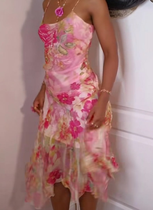 Beautiful Pink Chiffon Print Floral Beaded Mermaid Long Prom Dress Party Gown D3557