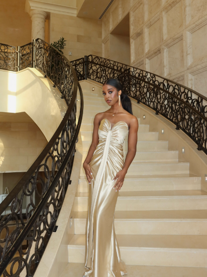 Sexy Sweetheart Neck Satin Mermaid Party Dress Champagne Long Prom Dresses D4975
