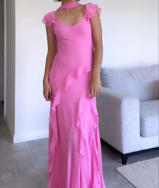 Beautiful Pink V Neck Chiffon Ruffle Mermaid Long Prom Dress Party Gown With Ribbon D860