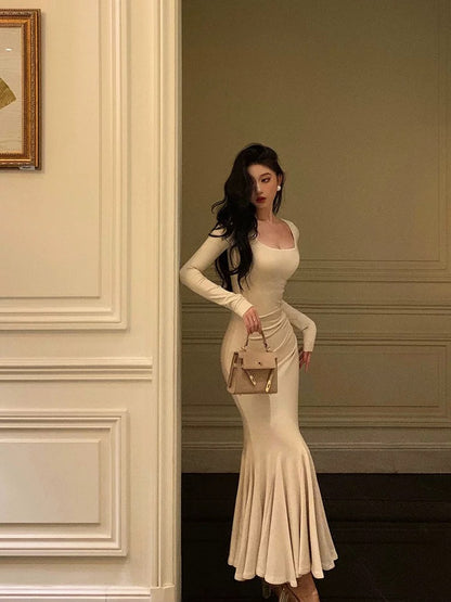 Chic Mermaid Square Neckline Long Sleeves White Long Prom Dresses Birthday Dress SD292