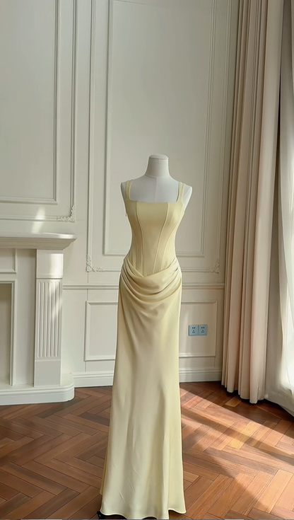 Classy Yellow Satin Mermaid Long Wedding Guest Dress Formal Party Dress D2948