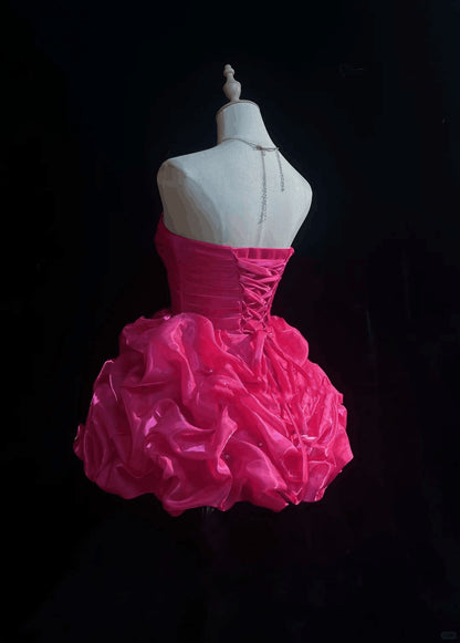 Sexy Hot Pink Satin Pleated Beaded A Line Short 6th Grade Homecoming Dress,Strapless Mini Birthday Dress D3382