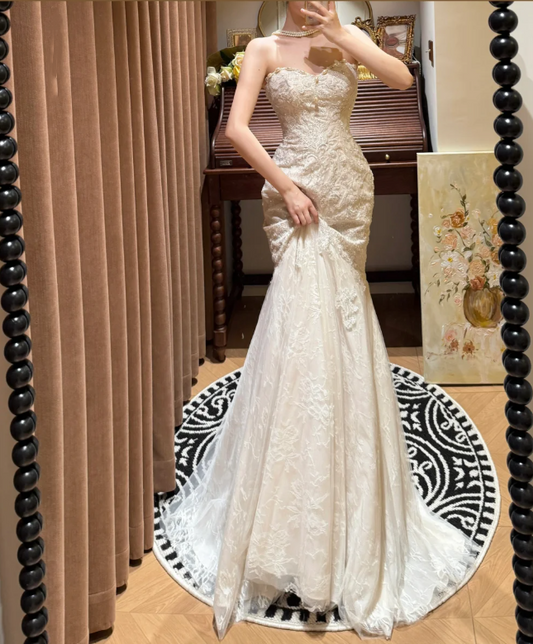 Pretty Strapless White Lace Sequin Beaded Mermaid Long Evening Dress Formal Birthday Birthday Prom Dress Party Gown D2048