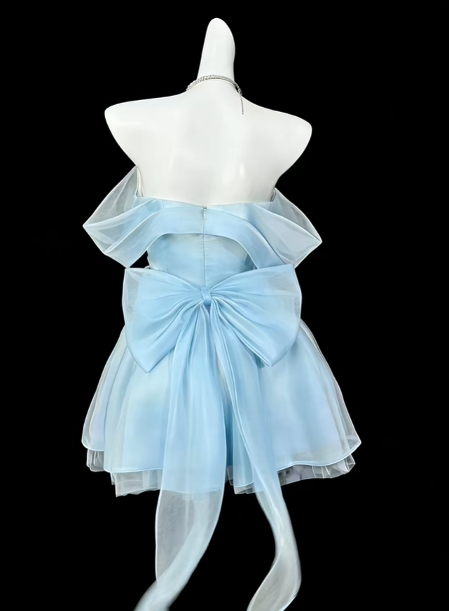 Fairy Blue Off The Shoulder Tulle A Line Short 16th Birthday Outfits,Mini Prom Dress D4188