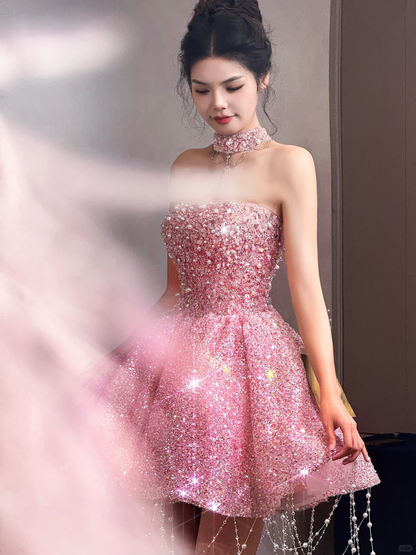 Gorgeous Pink Strapless Sequin Beaded A Line Short Homecoming Dress Birthday Dress With Tassel D3065
