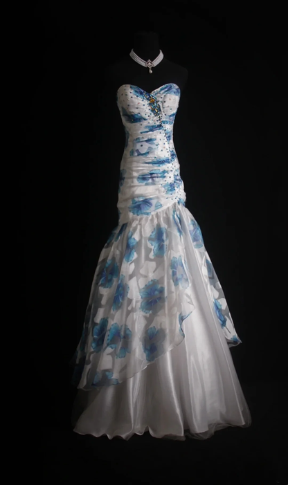 Elegant Sweetheart Neck Chiffon Floral Beaded Long Party Dress Blue Mermaid Long Evening Gown D4566