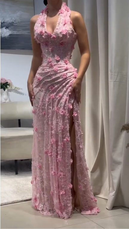 Glamorous Halter Pink Lace Floral Slit Mermaid Long Evening Gown Party Dress D2925
