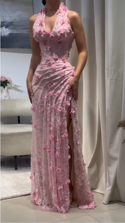 Glamorous Halter Pink Lace Floral Slit Mermaid Long Evening Gown Party Dress D2925