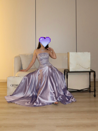 Pretty Strapless Satin A Long Party Dress Purple Long Evening Dress D4977