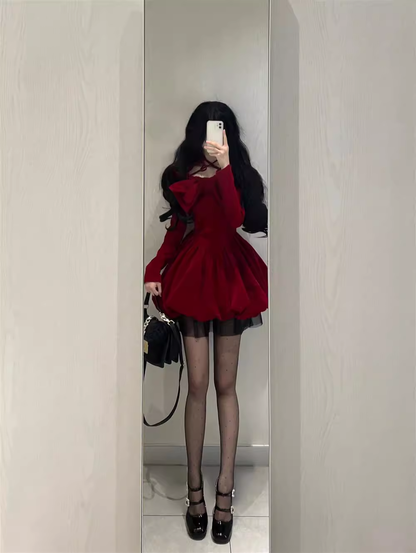 Cute Ball Gown Long Sleeves Velvet Red Short Cocktail Dresses Birthday Outfits SD572