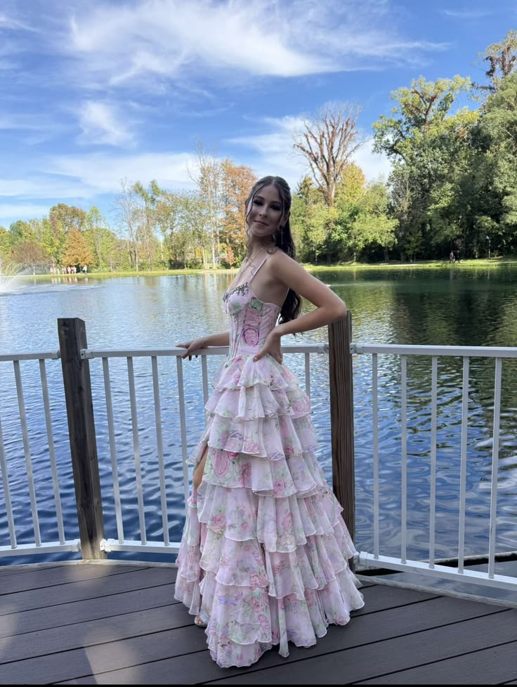 Charming Chiffon Print Floral Ruffles Layered Long Party Dress Pink Slit Long Evening Gowns With Beads D5040