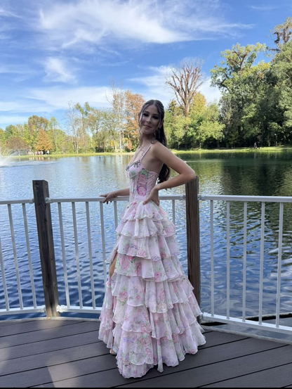 Charming Chiffon Print Floral Ruffles Layered Long Party Dress Pink Slit Long Evening Gowns With Beads D5040