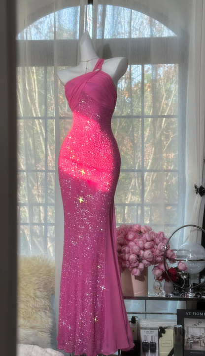 Sparkly One Shoulder Pink Chiffon Sequin Beaded Mermaid Long Evening Dress Formal Party Dress Birthday Prom Gown D2094