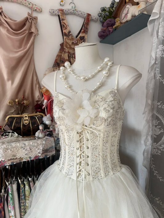 Classy Spaghetti Straps Beige Tulle Layered Flowers A Line Long Prom Dress Party Dress D1771