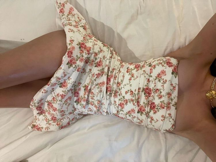 Classy Strapless Satin Printed Floral Short Homecoming Dress Cocktail Dress D3221