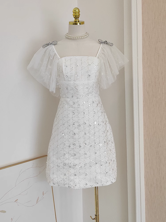 Cute A line Square neckline Tulle White Sequin Party Dress Short Birthday Dresses With Beads SD378