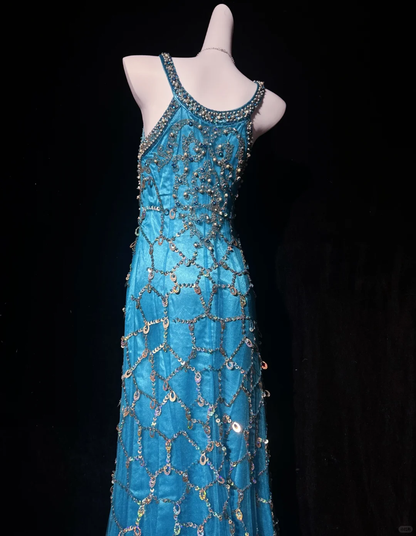 Gorgeous V Neck Blue Satin Tulle Beaded mermaid Long Party Dress Evening Dress D5076