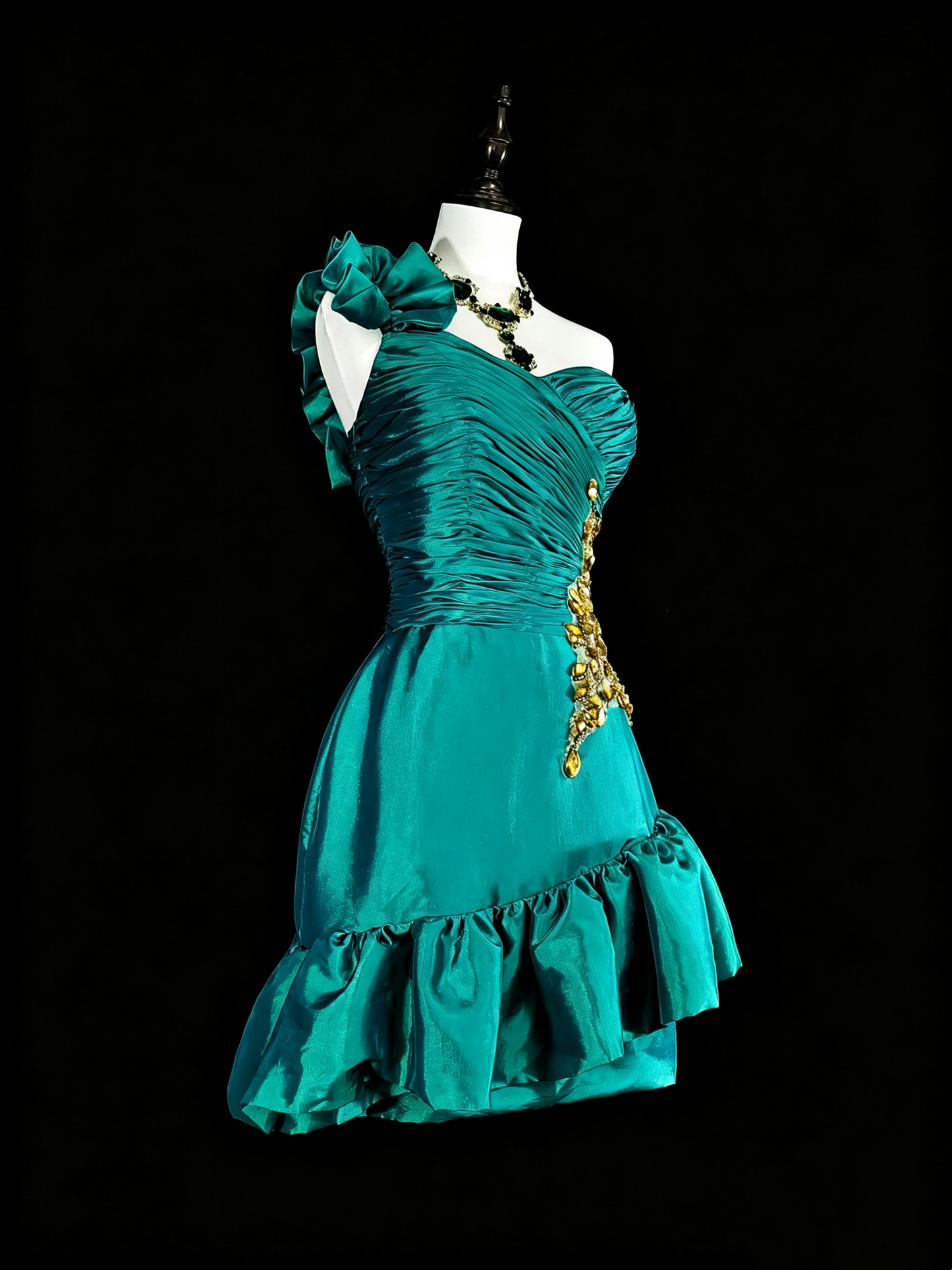 Vintage Green Satin Pleated Beaded Short 17th Birthday Outfits,One Shoulder Short Party Dress D4041