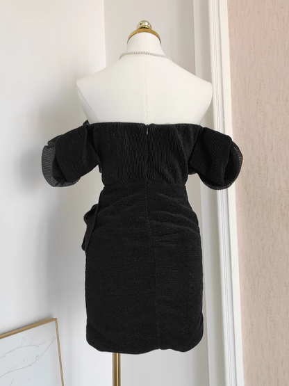 Cute A line Off The Shoulder Black Party Dress Short Birthday Dresses With BEads SD356