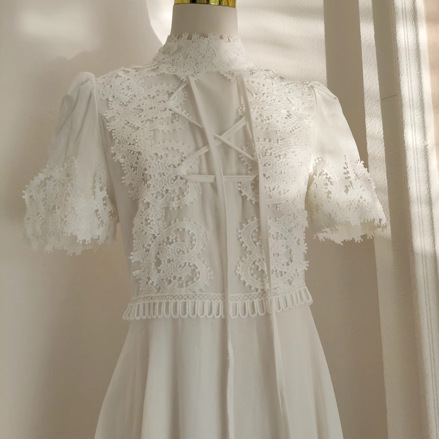 Cute A line High Neckline Short Sleeves Lace White Party Dress Chiffon Holiday Dresses SD348