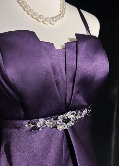 Fashion Spaghetti Straps Purple Satin Beaded A Line Short Birthday Outfits Homecoming Dress D1993