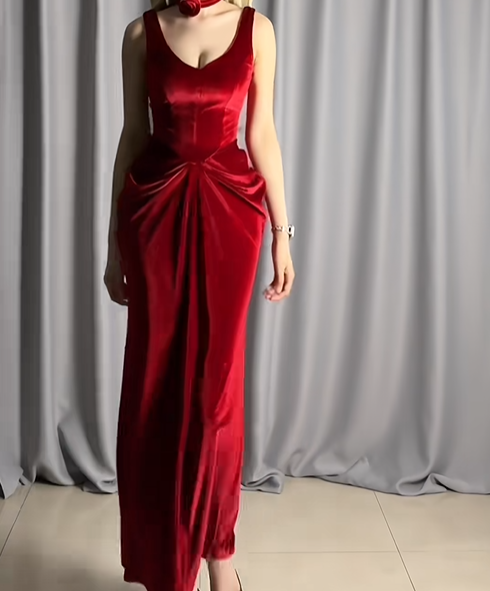Sexy Red V Neck Velvet Mermaid Long Evening Dress Prom Dress D2491