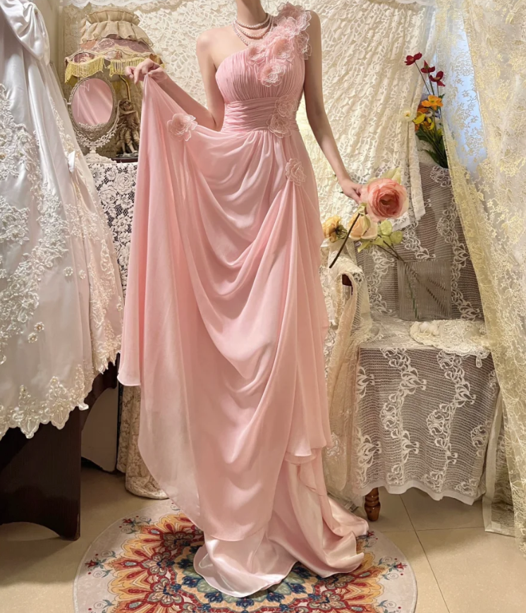 Classy Pink One Shoulder Chiffon Pleated Appliques Long Party Dress Prom Dress Formal Wedding Guest Dress D2114