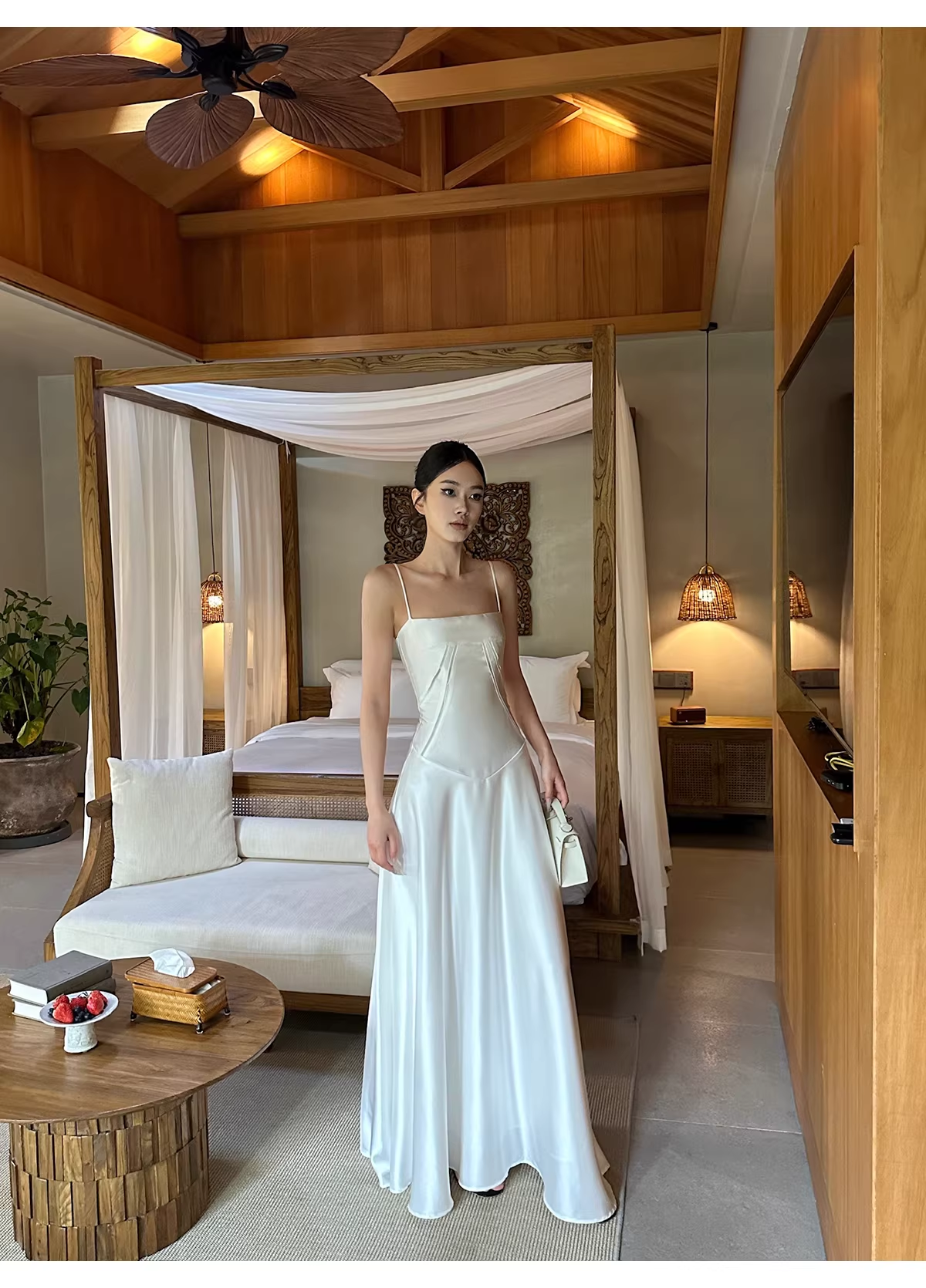 Classy Spaghetti Straps White Satin A Line Long Birthday Evening Dress Formal Wedding Guest Dress D2128