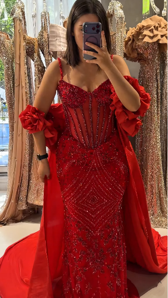 Gorgeous Spaghetti Straps Tulle Beaded Mermaid Long Party Dress Red Long Birthday Evening Gowns D5243