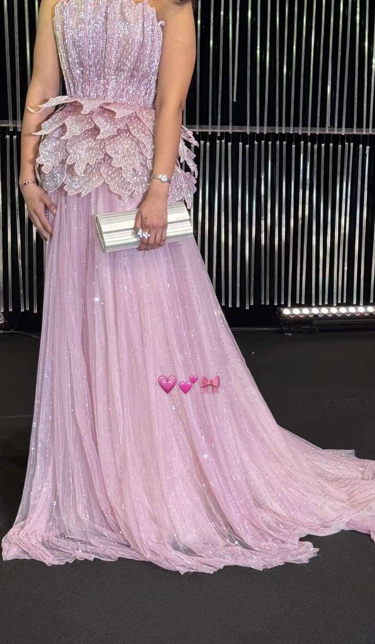 Glamorous Pink Sequin Petals Tulle Mermaid Long Party Dress Strapless Long Evening Dress D4487