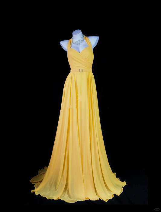Cute Yellow Halter Chiffon Beaded  A Line Long Evening Dress Formal Evening Dress D2510