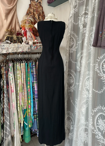 Simple V Neck Sleeveless Satin Black Slit Long Prom Dress Formal Evening Dress Birthday Outfits D1760
